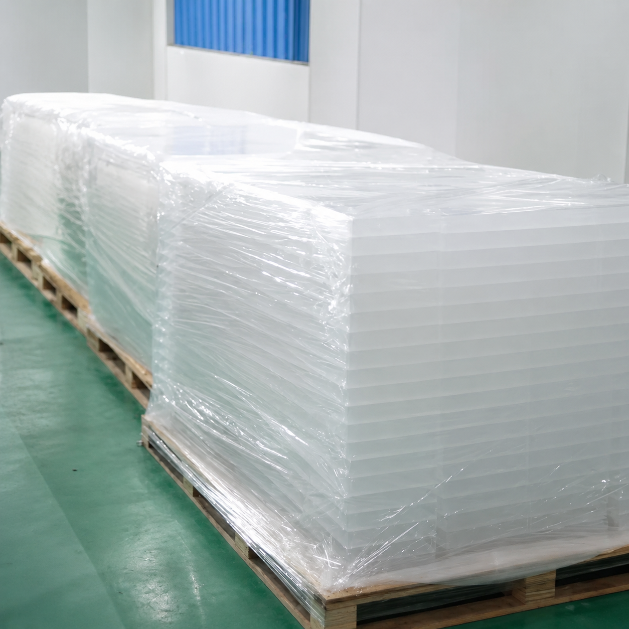Acrylic sheets protected and packed on pallets for export shipping